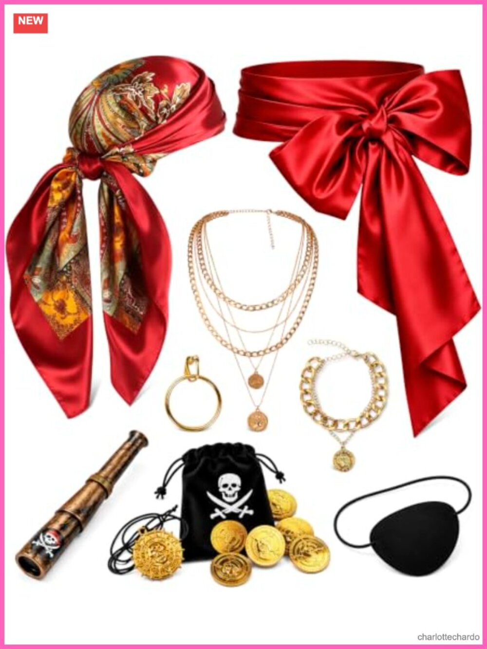 9PC Pirate Costume Accessories Set Bandana Belt Eyepatch Halloween Cosplay